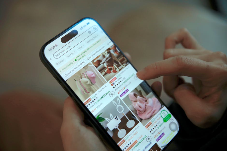 Person browsing shopping app on smartphone, displaying modern ecommerce interface.